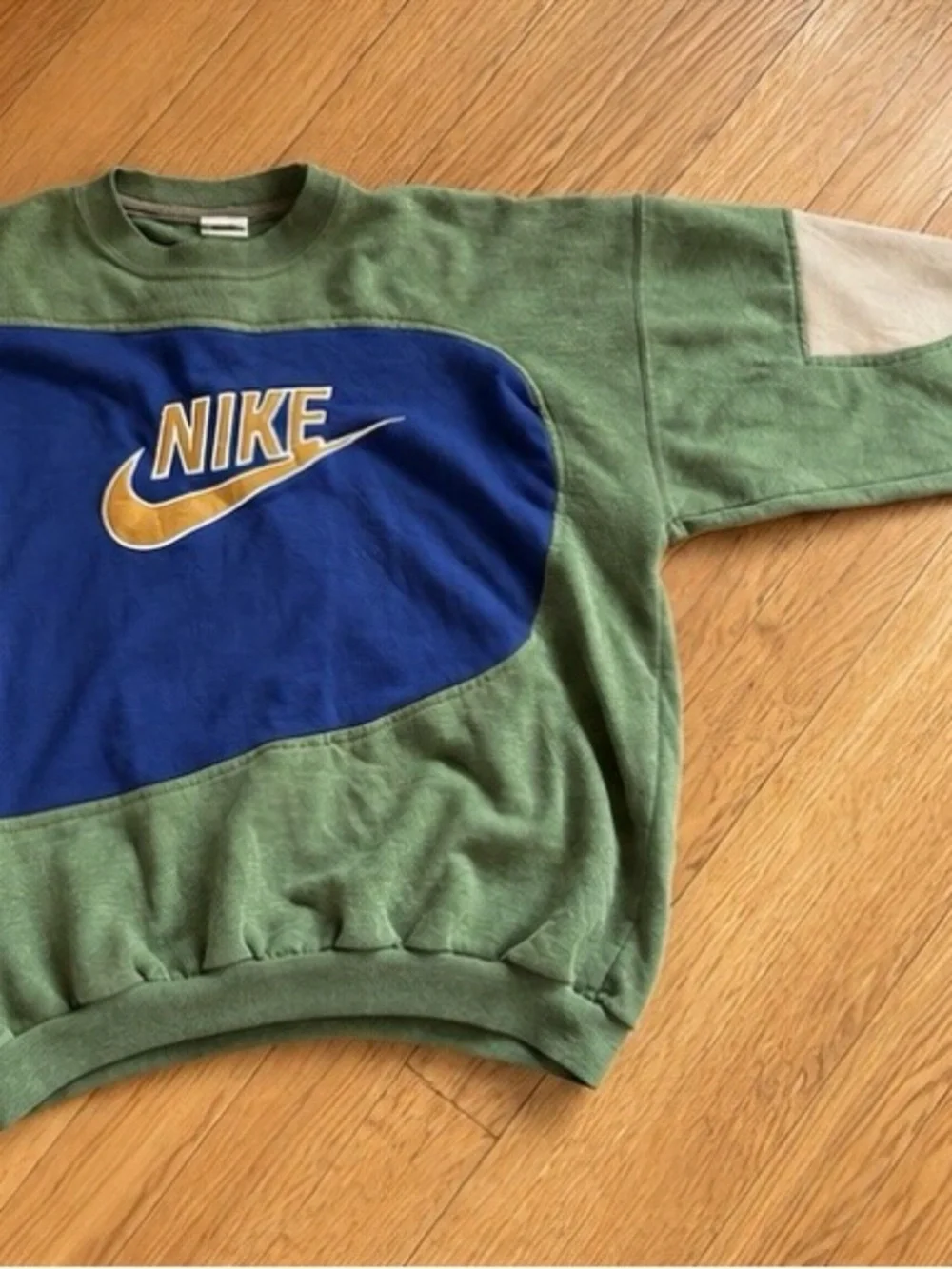 One of a kind reworked patched Nike green & blue crewneck